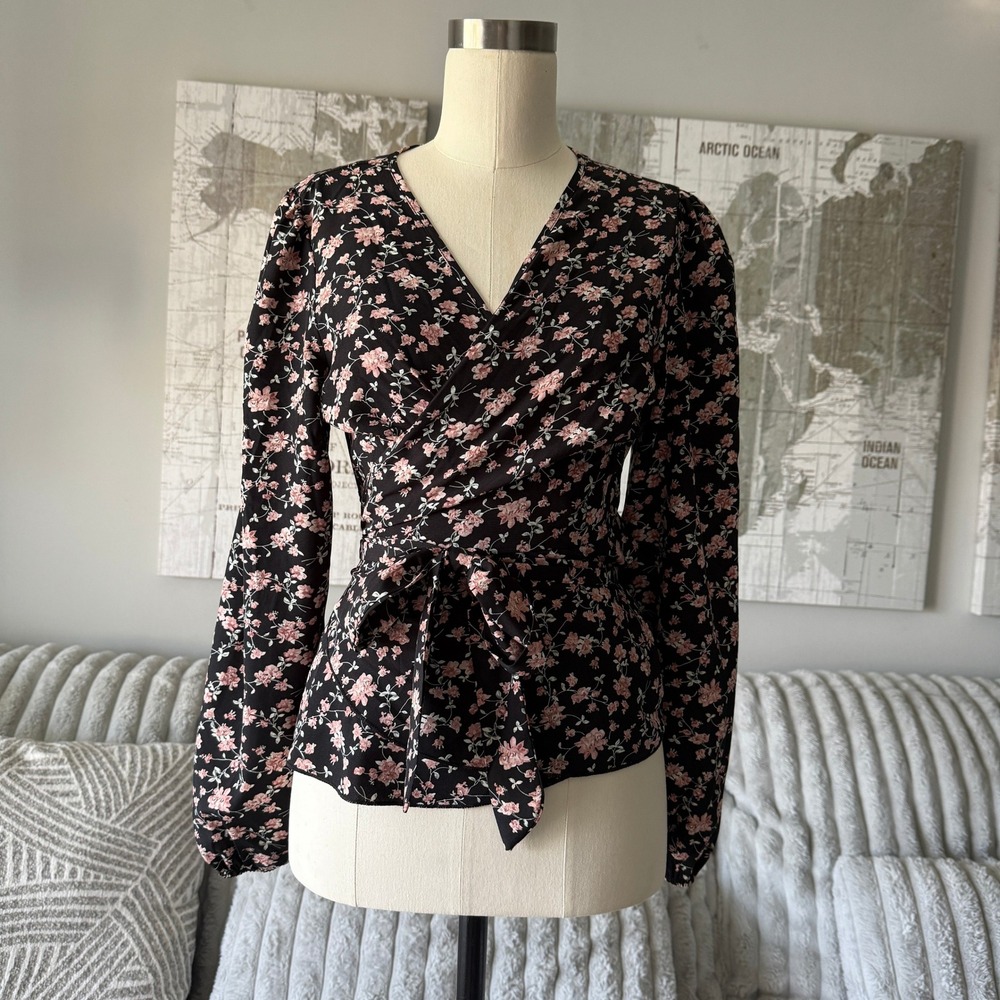 SHEIN Black Pink Ditsy Floral Wrap Peplum Top Long Sleeve‎ Size M 6